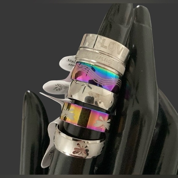 Band Rings Lot of 6 US Size 7-8 (MM) 18 Men Women Assorted Designs Rainbow NEW - Picture 2 of 10